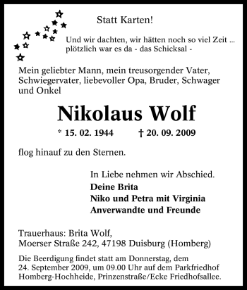 Traueranzeige von Nikolaus Wolf von Tageszeitung