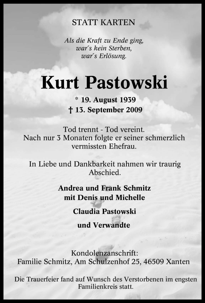  Traueranzeige für Kurt Pastowski vom 30.09.2009 aus Tageszeitung
