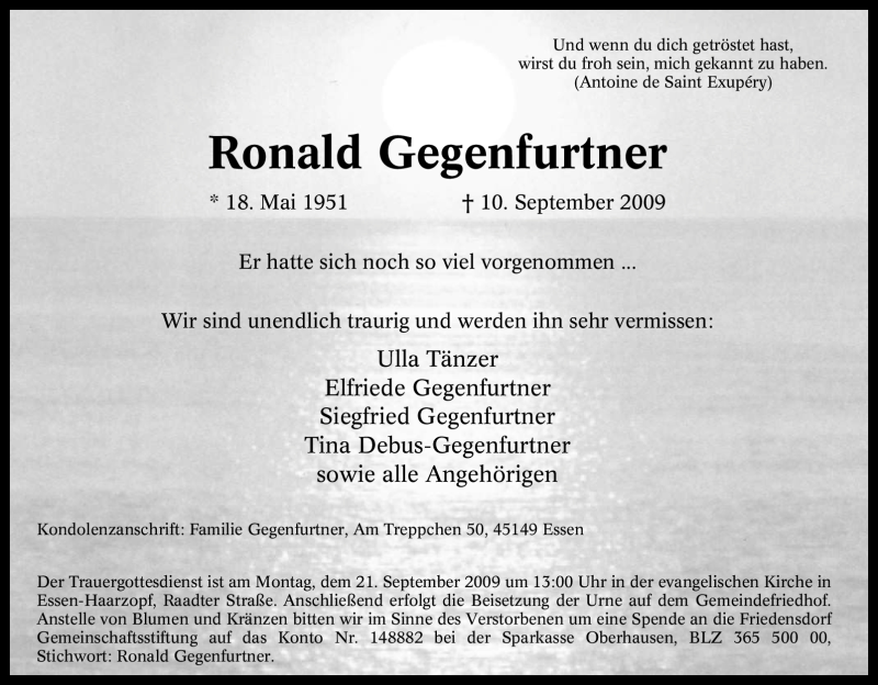  Traueranzeige für Ronald Gegenfurtner vom 15.09.2009 aus Tageszeitung