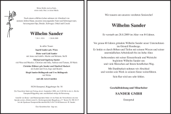 Traueranzeige von Wilhelm Sander von Tageszeitung