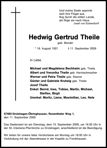 Traueranzeige von Hedwig Gertrud Theile von Tageszeitung