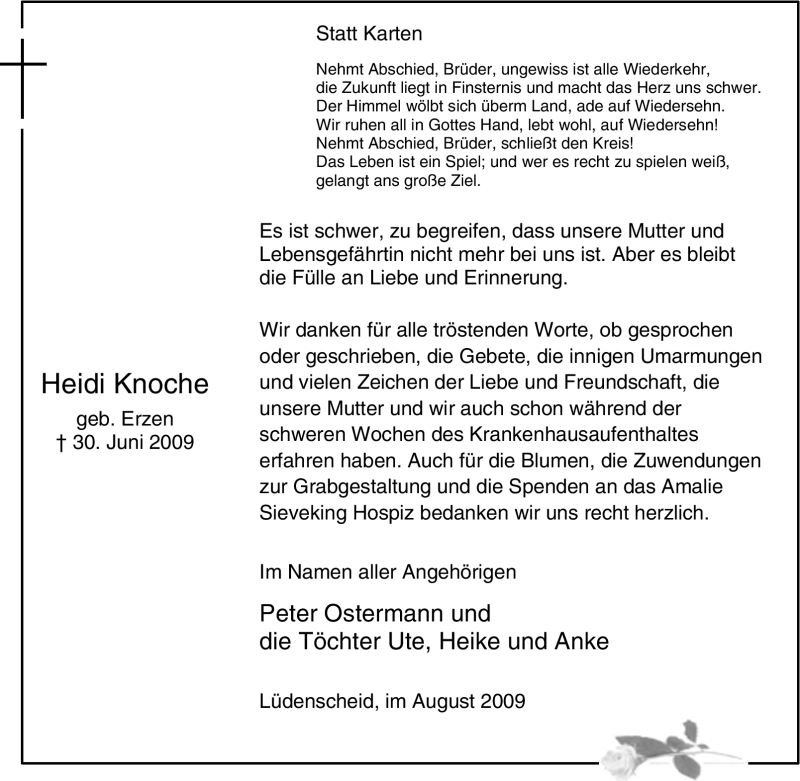  Traueranzeige für Heidi Knoche vom 05.09.2009 aus Tageszeitung
