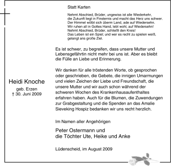 Traueranzeige von Heidi Knoche von Tageszeitung