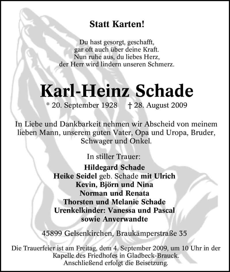  Traueranzeige für Karl-Heinz Schade vom 02.09.2009 aus Tageszeitung