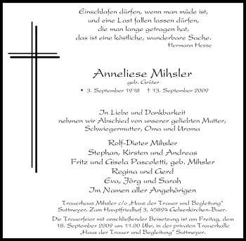 Traueranzeige von Anneliese Mihsler von Tageszeitung