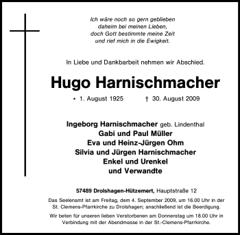 Traueranzeige von Hugo Harnischmacher von Tageszeitung