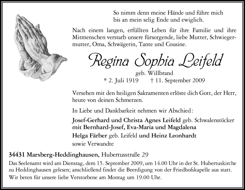  Traueranzeige für Regina Sophia Leifeld vom 12.09.2009 aus Tageszeitung