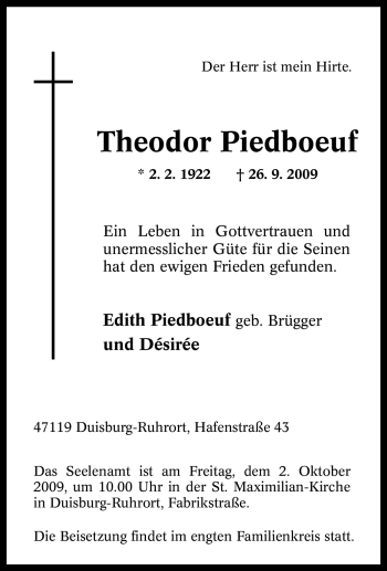 Traueranzeige von Theodor Piedboeuf von Tageszeitung