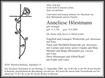 Traueranzeige von Anneliese Hörstmann von Tageszeitung