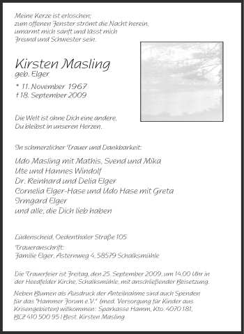 Traueranzeige von Kirsten Masling von Tageszeitung