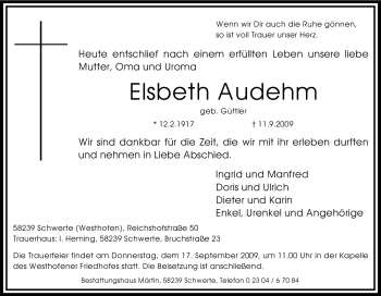 Traueranzeige von Elsbeth Audehm von Tageszeitung