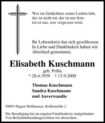 Traueranzeige von Elisabeth Kuschmann von Tageszeitung
