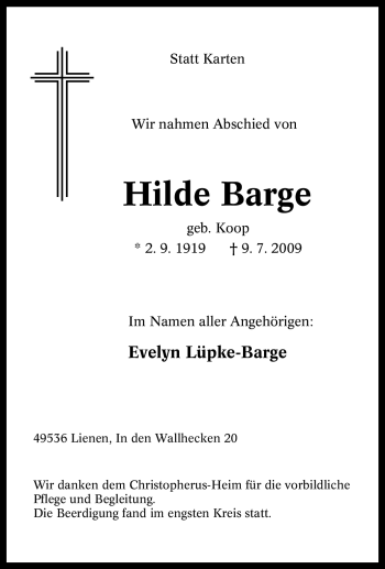 Traueranzeige von Hilde Barge von Tageszeitung