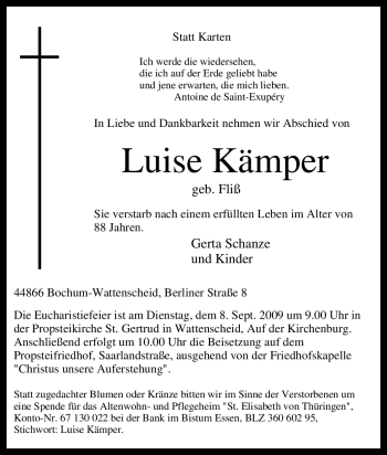 Traueranzeige von Luise Kämper von Tageszeitung