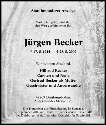 Traueranzeige von Jürgen Becker von Tageszeitung