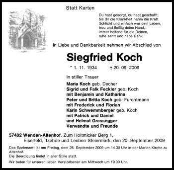 Traueranzeige von Siegfried Koch von Tageszeitung
