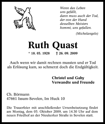Traueranzeige von Ruth Quast von Tageszeitung