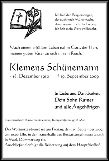 Traueranzeige von Klemens Schünemann von Tageszeitung