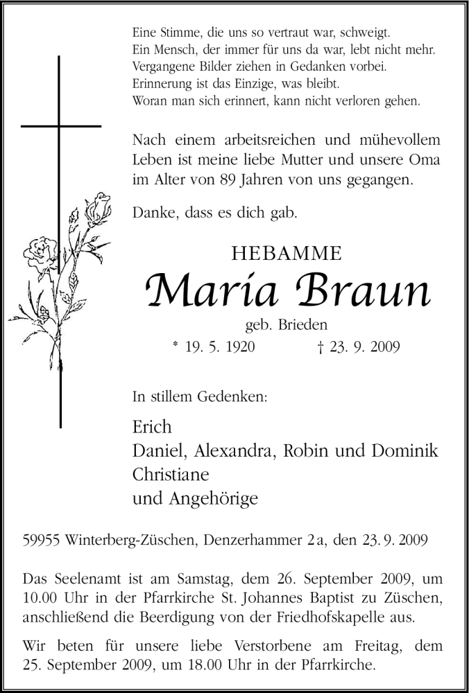  Traueranzeige für Maria Braun vom 24.09.2009 aus Tageszeitung