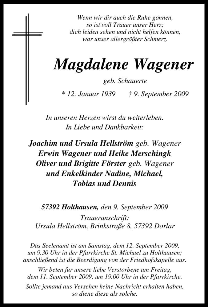  Traueranzeige für Magdalene Wagener vom 11.09.2009 aus Tageszeitung