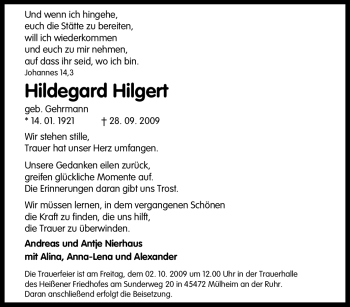 Traueranzeige von Hildegard Hilgert von Tageszeitung