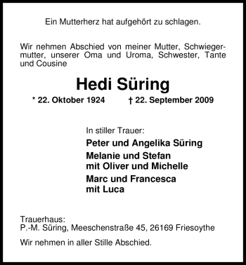 Traueranzeige von Hedi Süring von Tageszeitung