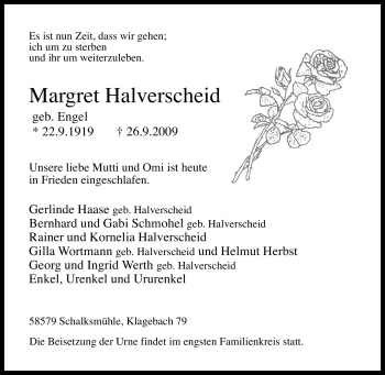 Traueranzeige von Margret Halverscheid von Tageszeitung