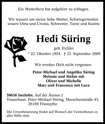 Traueranzeige von Hedi Süring von Tageszeitung