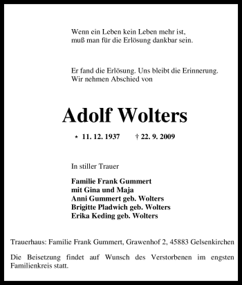 Traueranzeige von Adolf Wolters von Tageszeitung