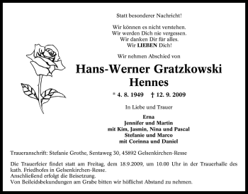 Traueranzeige von Hans-Werner Gratzkowski von Tageszeitung