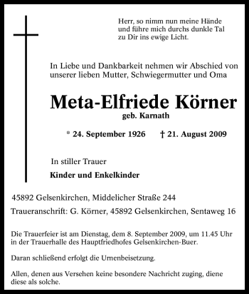 Traueranzeige von Meta-Elfriede Körner von Tageszeitung