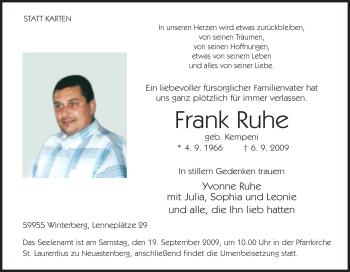 Traueranzeige von Frank Ruhe von Tageszeitung