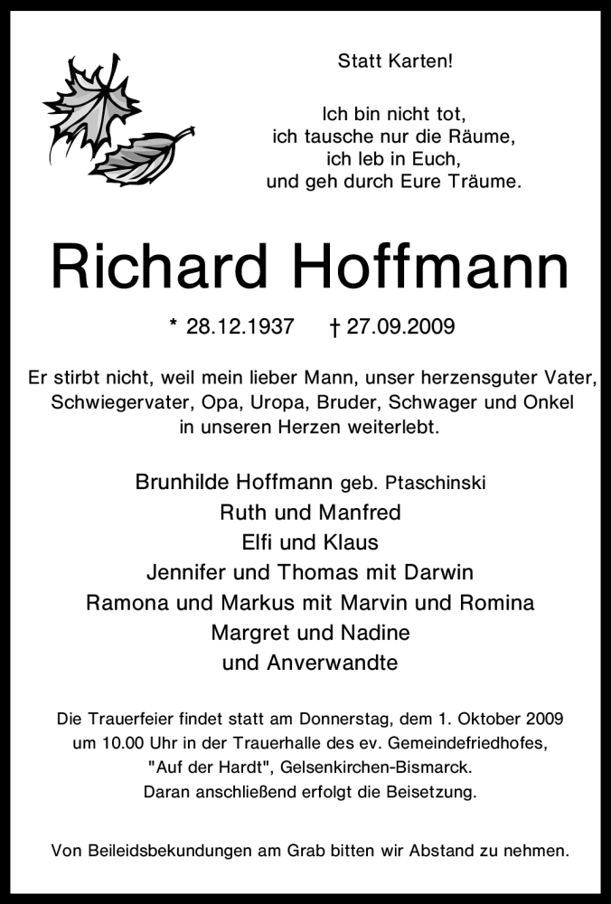  Traueranzeige für Richard Hoffmann vom 29.09.2009 aus Tageszeitung