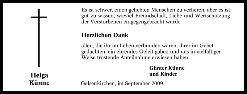  Traueranzeige für Helga Künne vom 05.09.2009 aus Tageszeitung