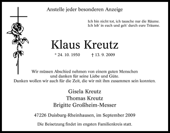 Traueranzeige von Klaus Kreutz von Tageszeitung