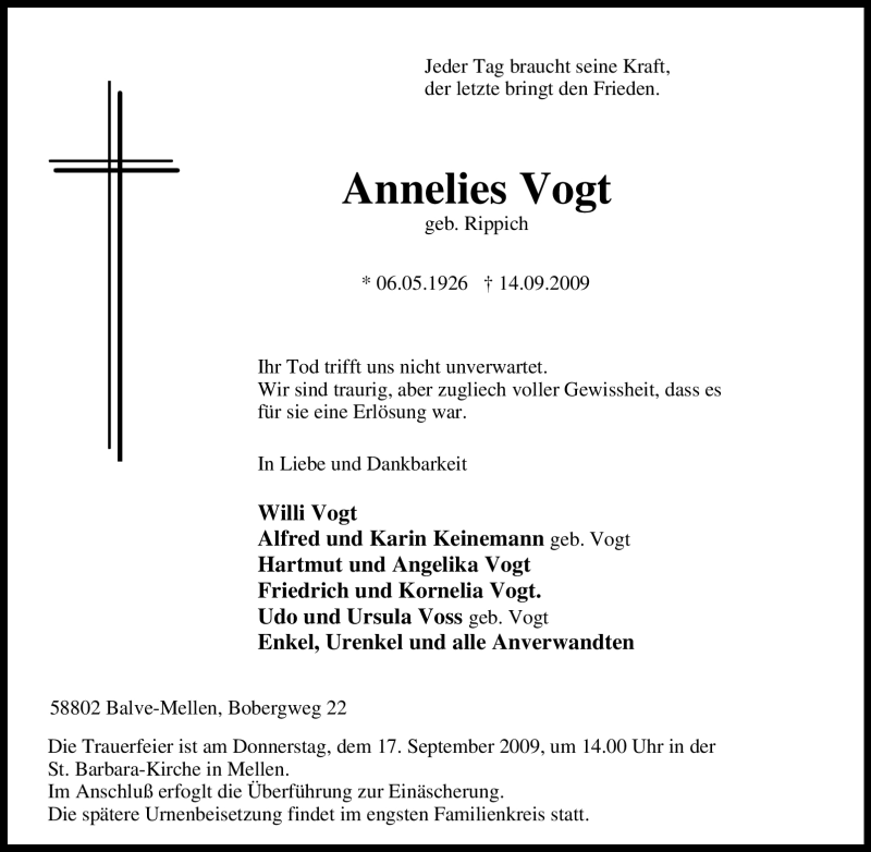  Traueranzeige für Annelies Vogt vom 15.09.2009 aus Tageszeitung