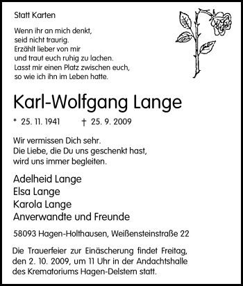 Traueranzeige von Karl-Wolfgang Lange von Tageszeitung