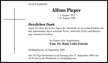 Traueranzeige von Alfons Pieper von Tageszeitung