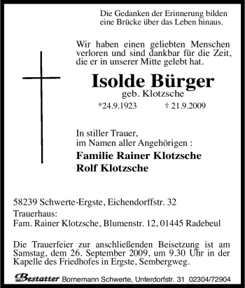 Traueranzeige von Isolde Bürger von Tageszeitung