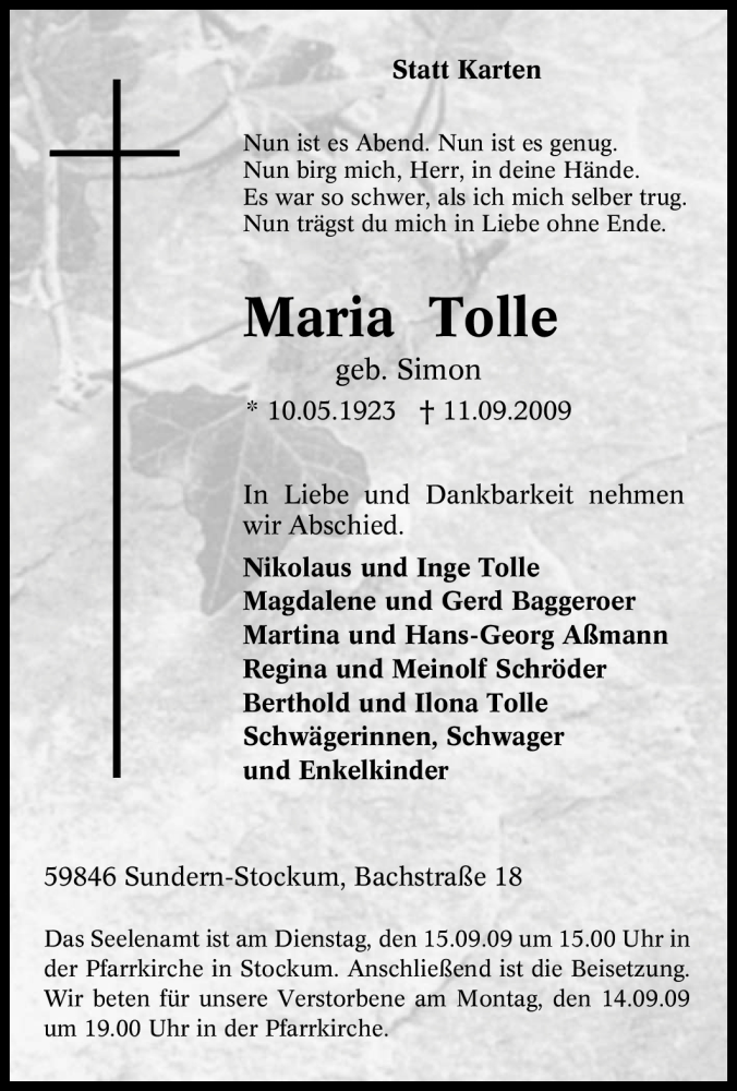  Traueranzeige für Maria Tolle vom 12.09.2009 aus Tageszeitung