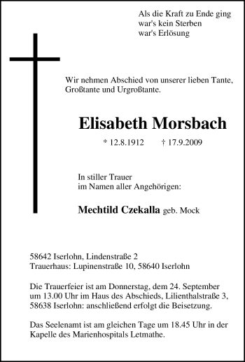 Traueranzeige von Elisabeth Morsbach von Tageszeitung