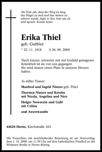 Traueranzeige von Erika Thiel von Tageszeitung