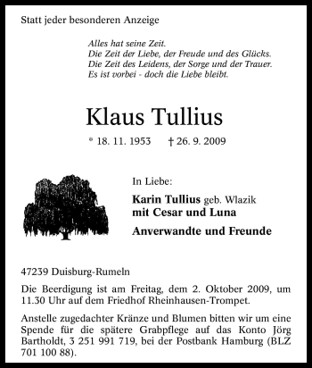 Traueranzeige von Klaus Tullius von Tageszeitung