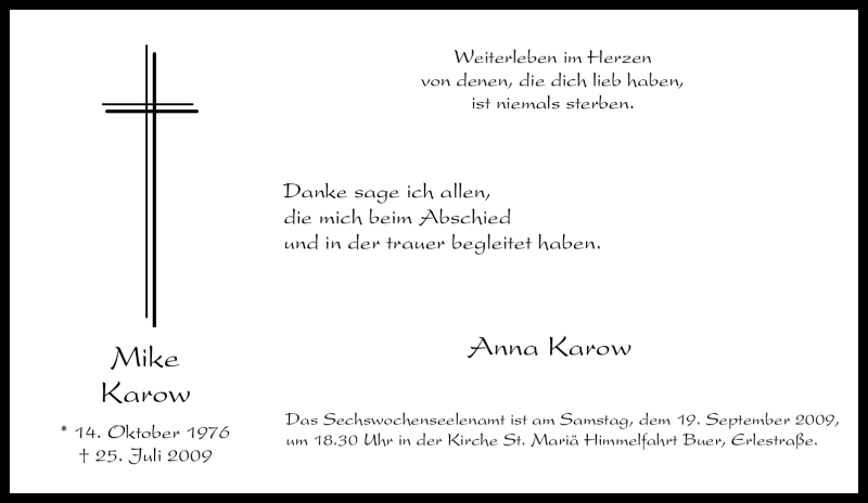  Traueranzeige für Mike Karow vom 12.09.2009 aus Tageszeitung