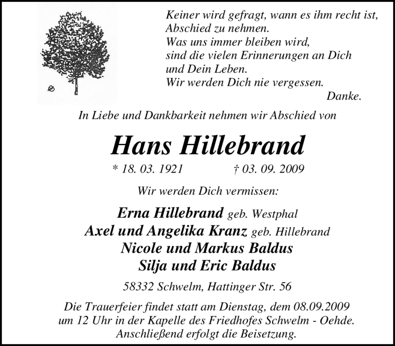 Traueranzeigen von Hans Hillebrand TrauerinNRW.de