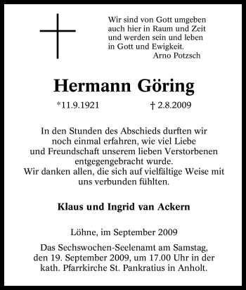 Traueranzeige von Hermann Göring von Tageszeitung