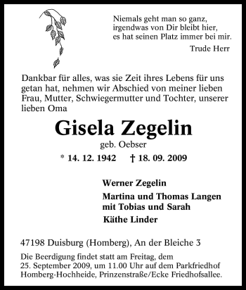 Traueranzeige von Gisela Zegelin von Tageszeitung