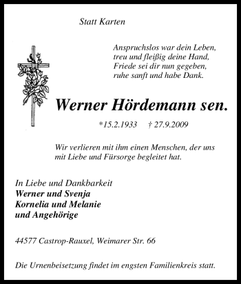 Traueranzeige von Werner Hördemann sen. von Tageszeitung