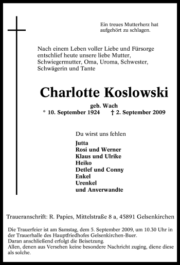 Traueranzeige von Charlotte Koslowski von Tageszeitung