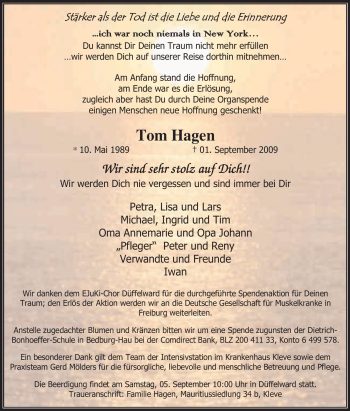 Traueranzeige von Tom Hagen von Tageszeitung